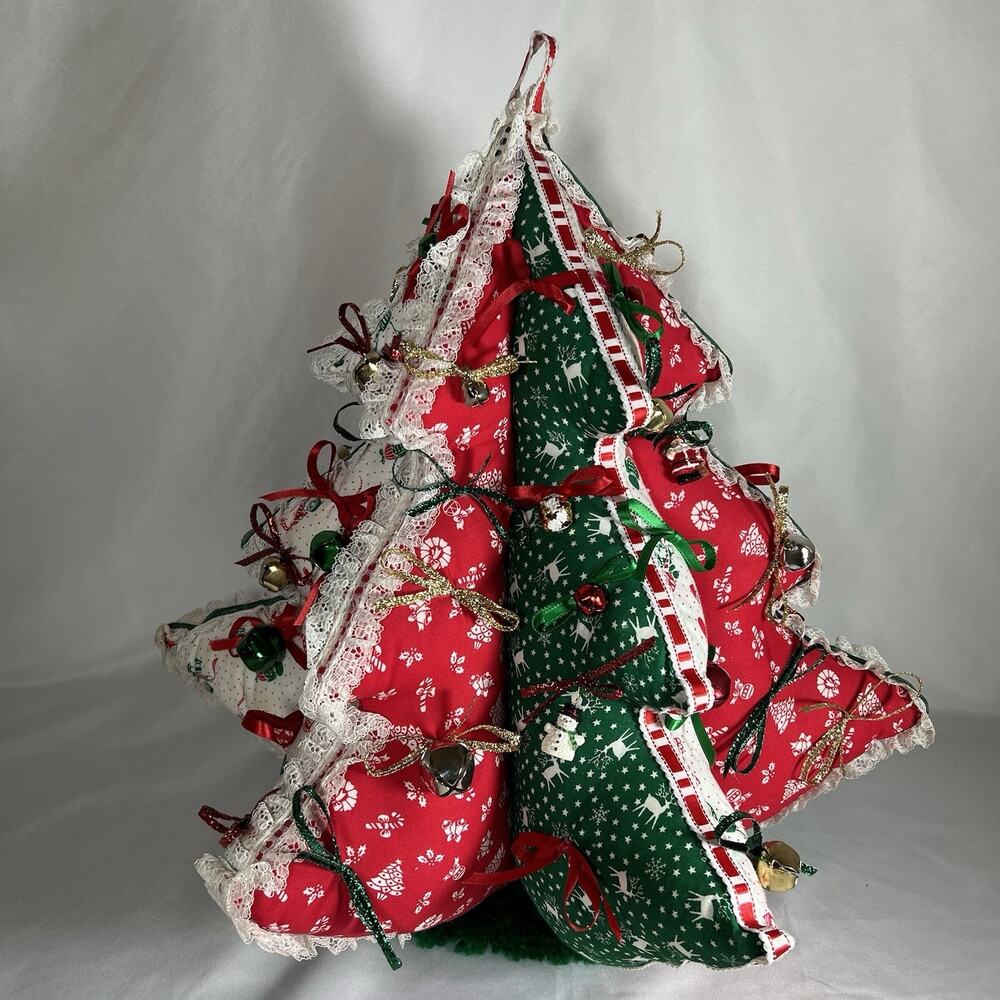 Vintage Handmade Stuffed Fabric Christmas Tree Decorated Red Green Lace 17” Tall